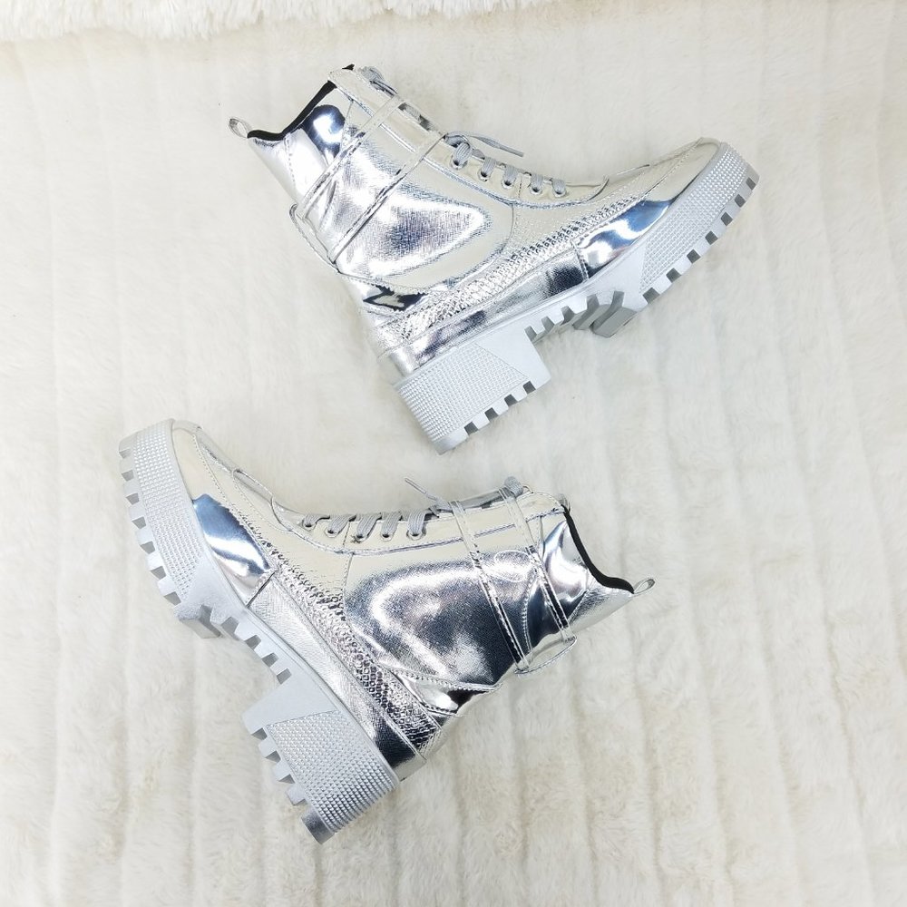 Silver Lug Sole Combat Ankle boots Lynn Size 5.5 US - Picture 5 of 11